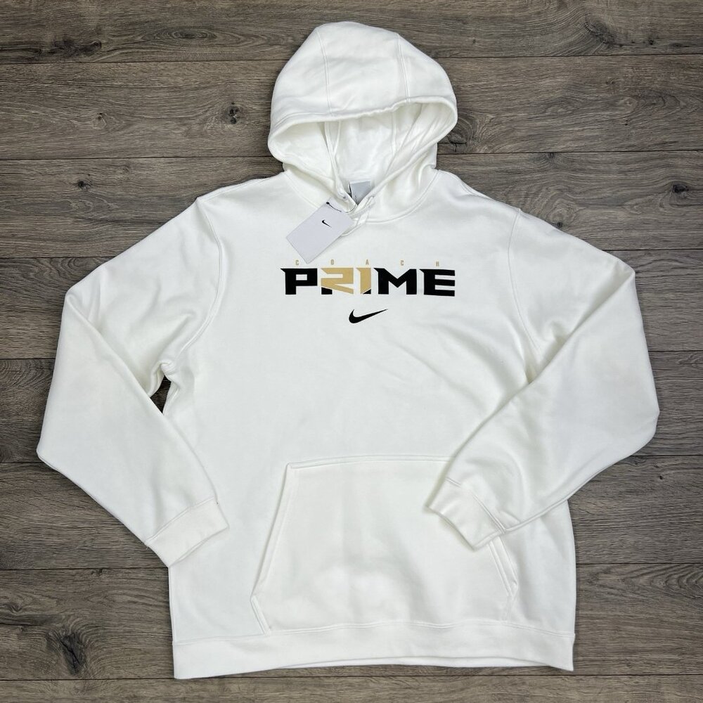 Nike Fleece Hoodie Size Large Mens White Black Coach Prime Club Pullover